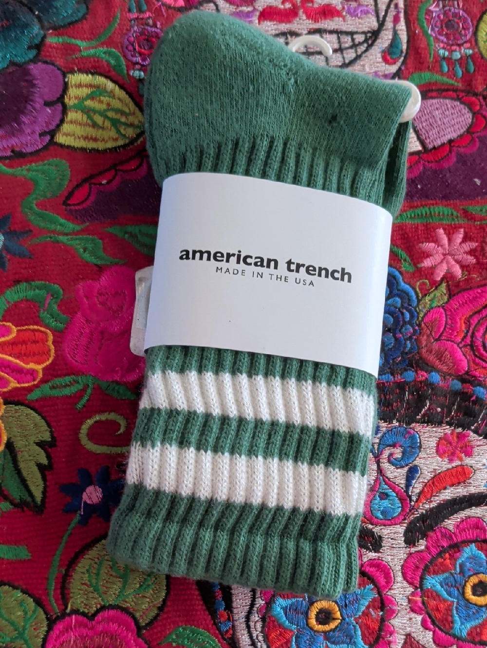 American Trench Green & White Striped Crew Socks